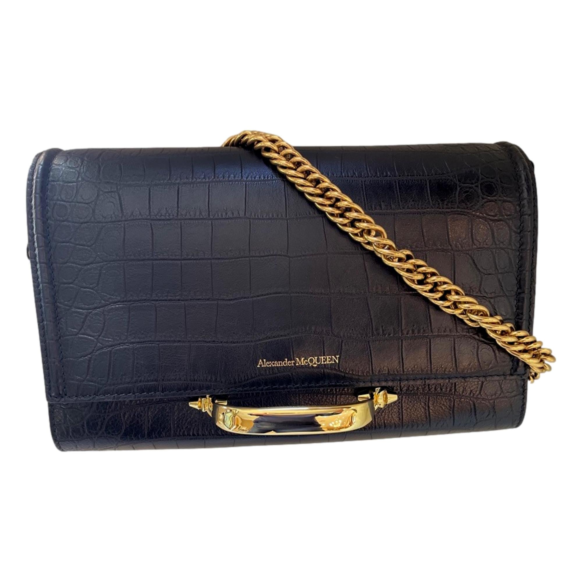 Alexander McQueen The Story Black Leather Croc Shoulder Bag 631473