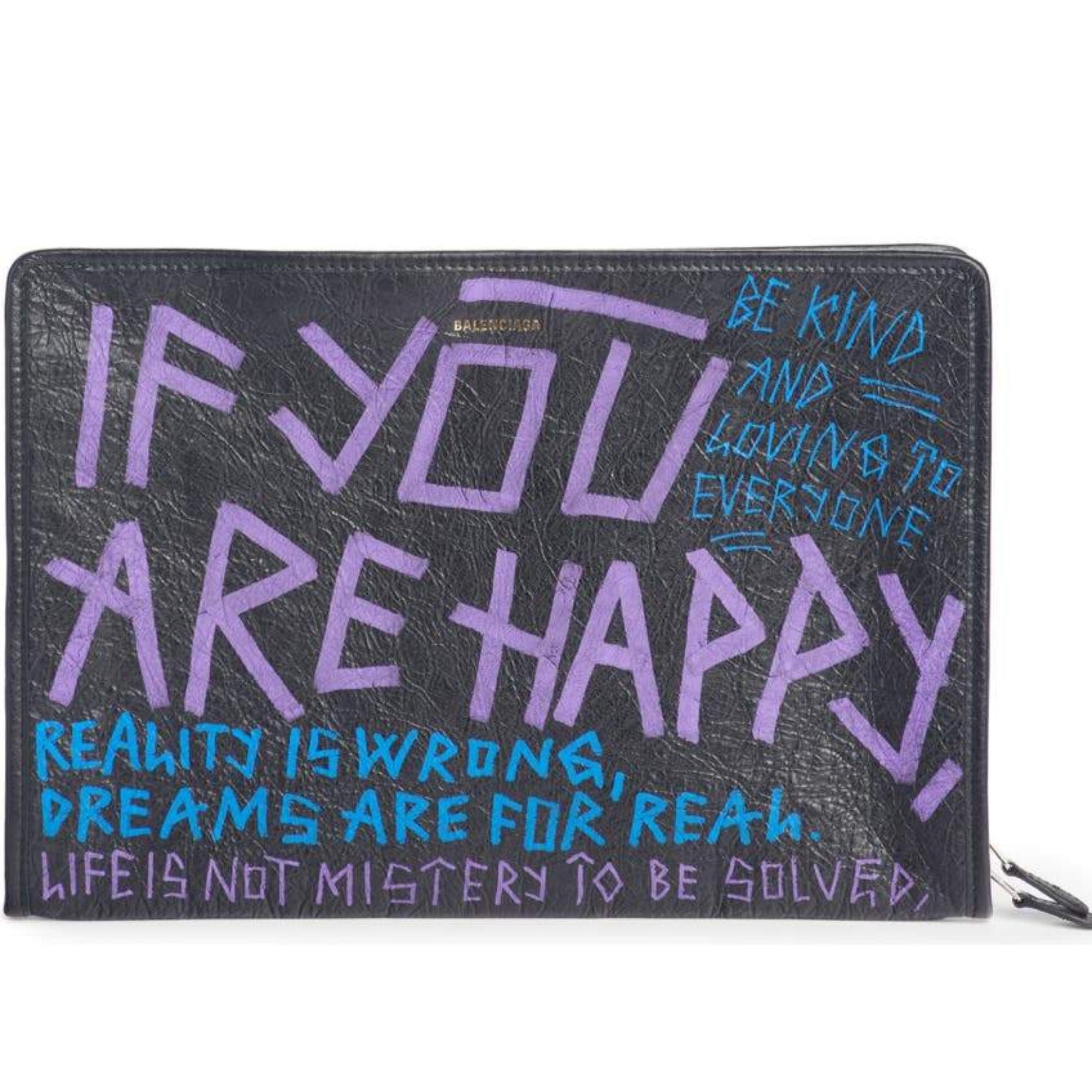 Balenciaga Bazar Graffiti Purple Blue Black Arena Leather Pouch 443658