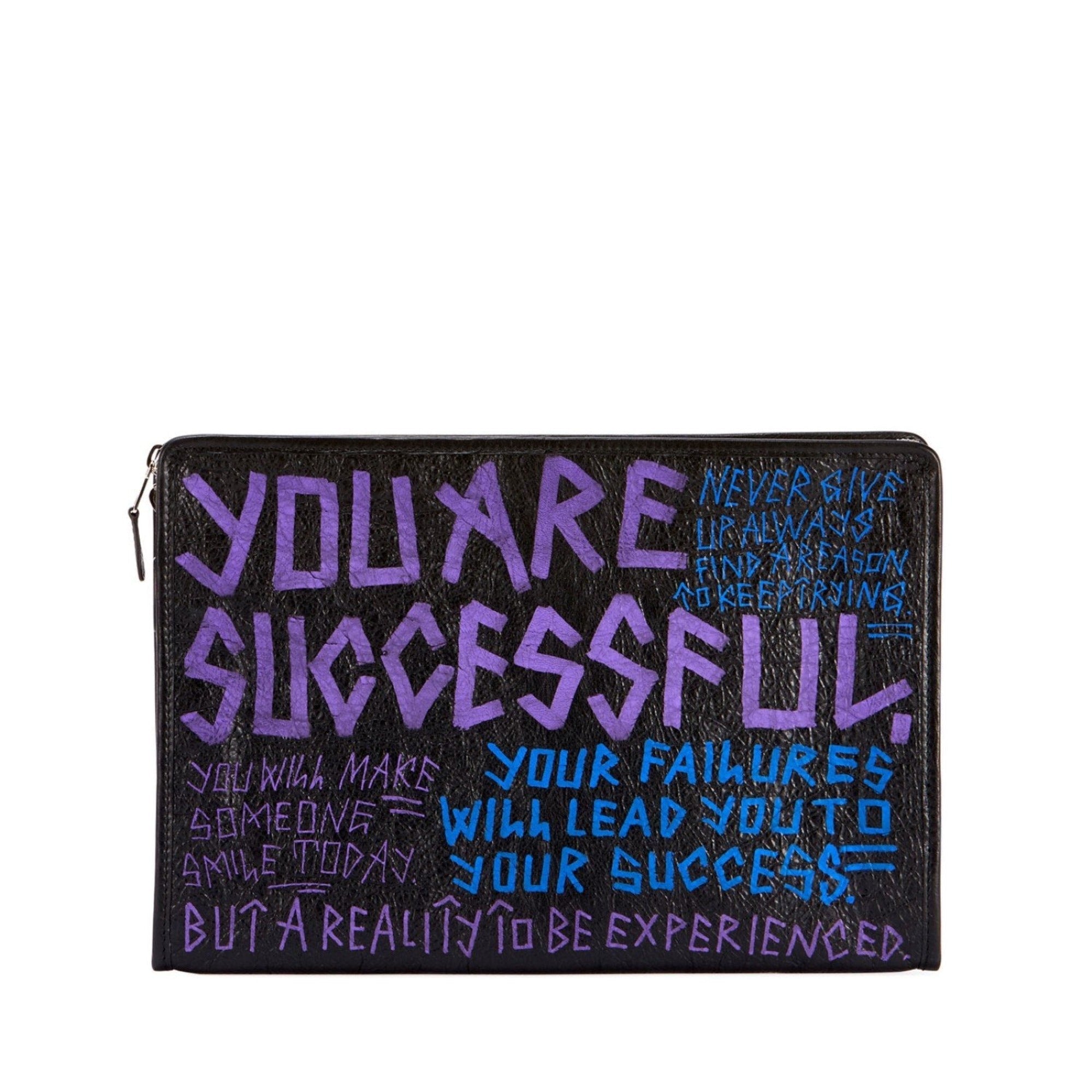 Balenciaga Bazar Graffiti Purple Blue Black Arena Leather Pouch 443658