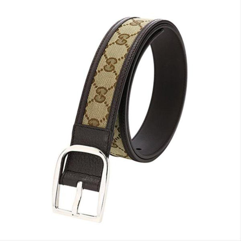 Gucci GG Brown and Beige Canvas Leather Trim Belt Size 36/90