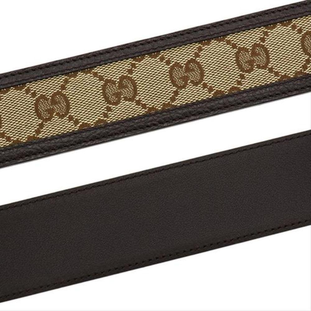 Gucci GG Brown and Beige Canvas Leather Trim Belt Size 36/90