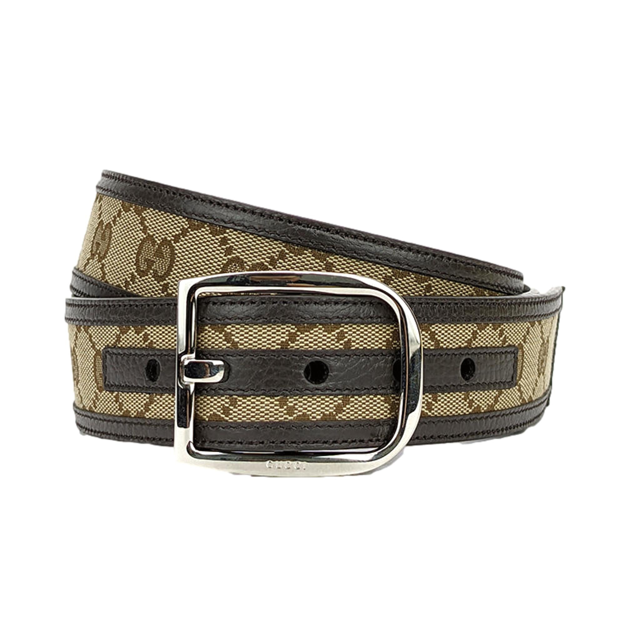 Gucci GG Brown and Beige Canvas Leather Trim Belt Size 36/90