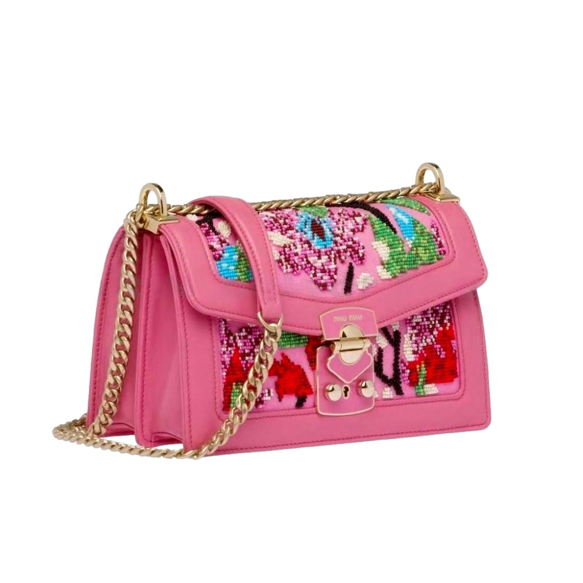 Miu Miu Canapa Geranio Pink Floral Beaded Shoulder Bag