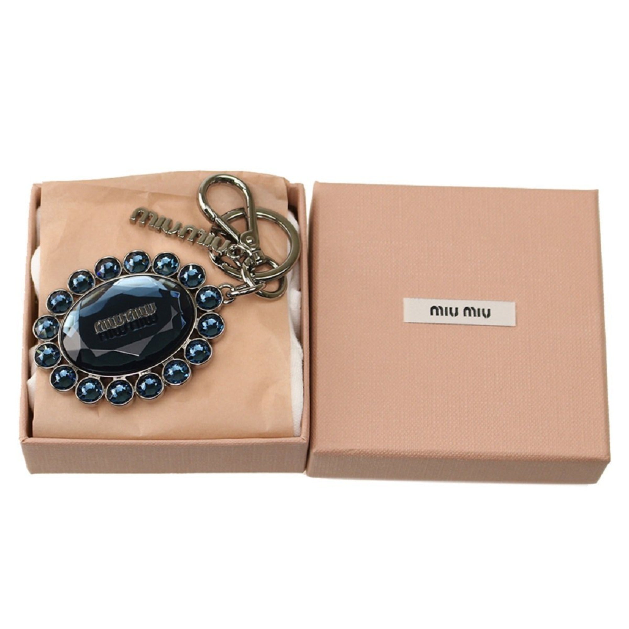 Miu Miu Trick Oval Charm Key Chain with Dark Blue Crystal