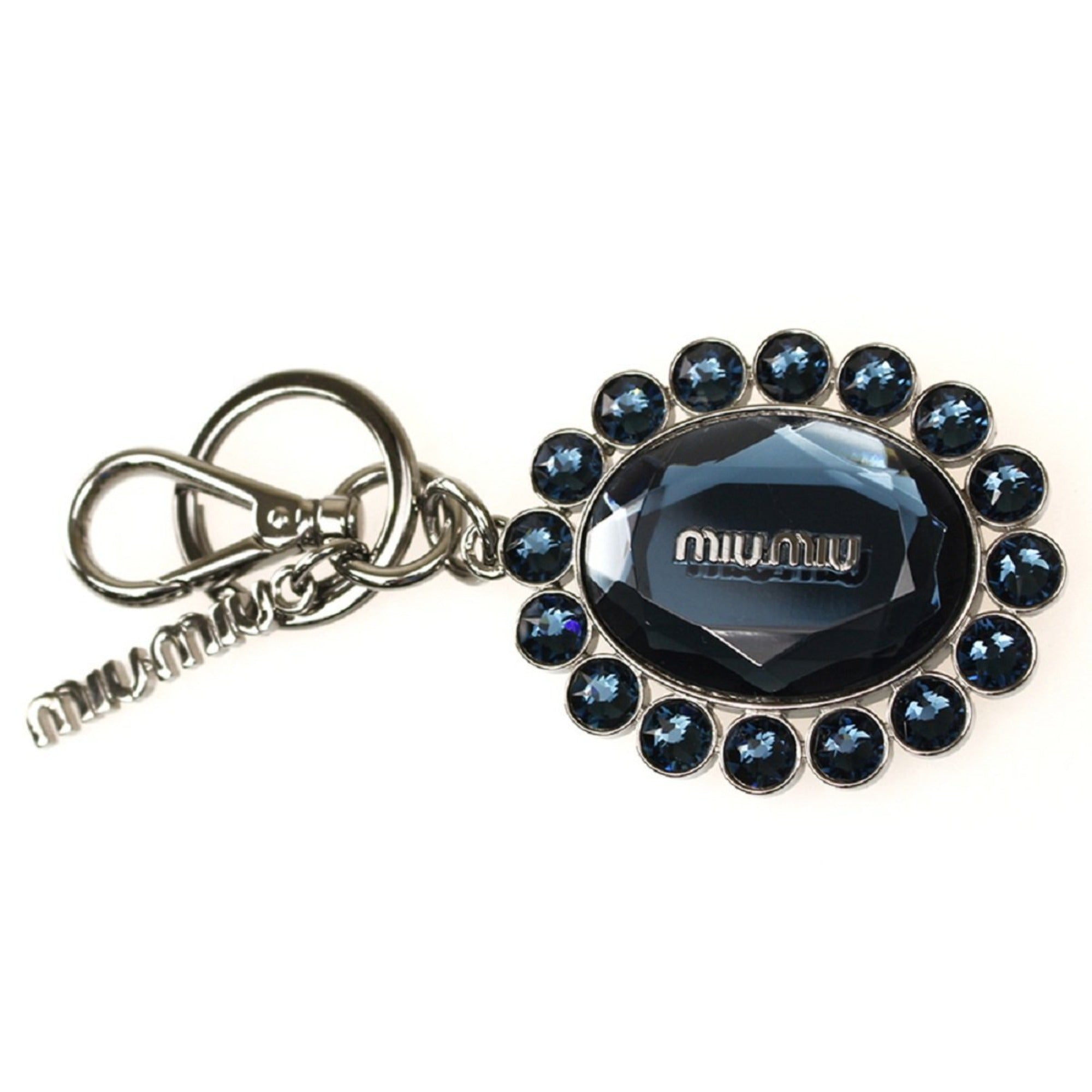 Miu Miu Trick Oval Charm Key Chain with Dark Blue Crystal