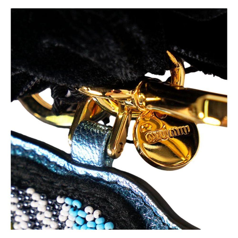 Miu Miu Trick Plex Blason Beaded Blue Bird Black Velvet Bow Keyring