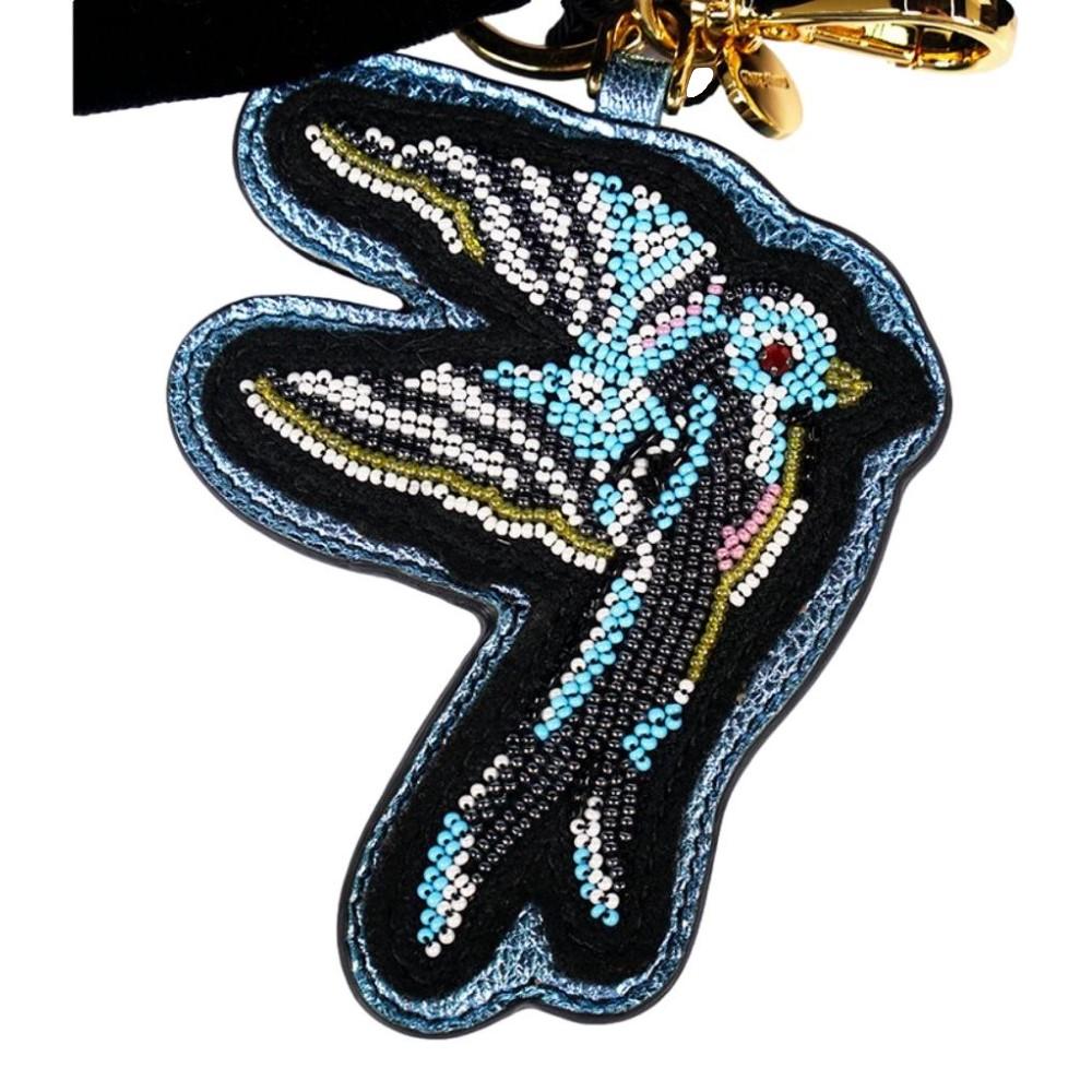 Miu Miu Trick Plex Blason Beaded Blue Bird Black Velvet Bow Keyring