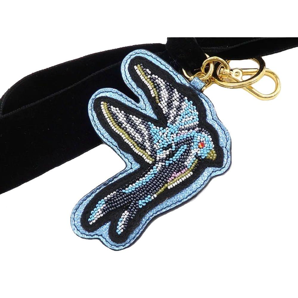 Miu Miu Trick Plex Blason Beaded Blue Bird Black Velvet Bow Keyring