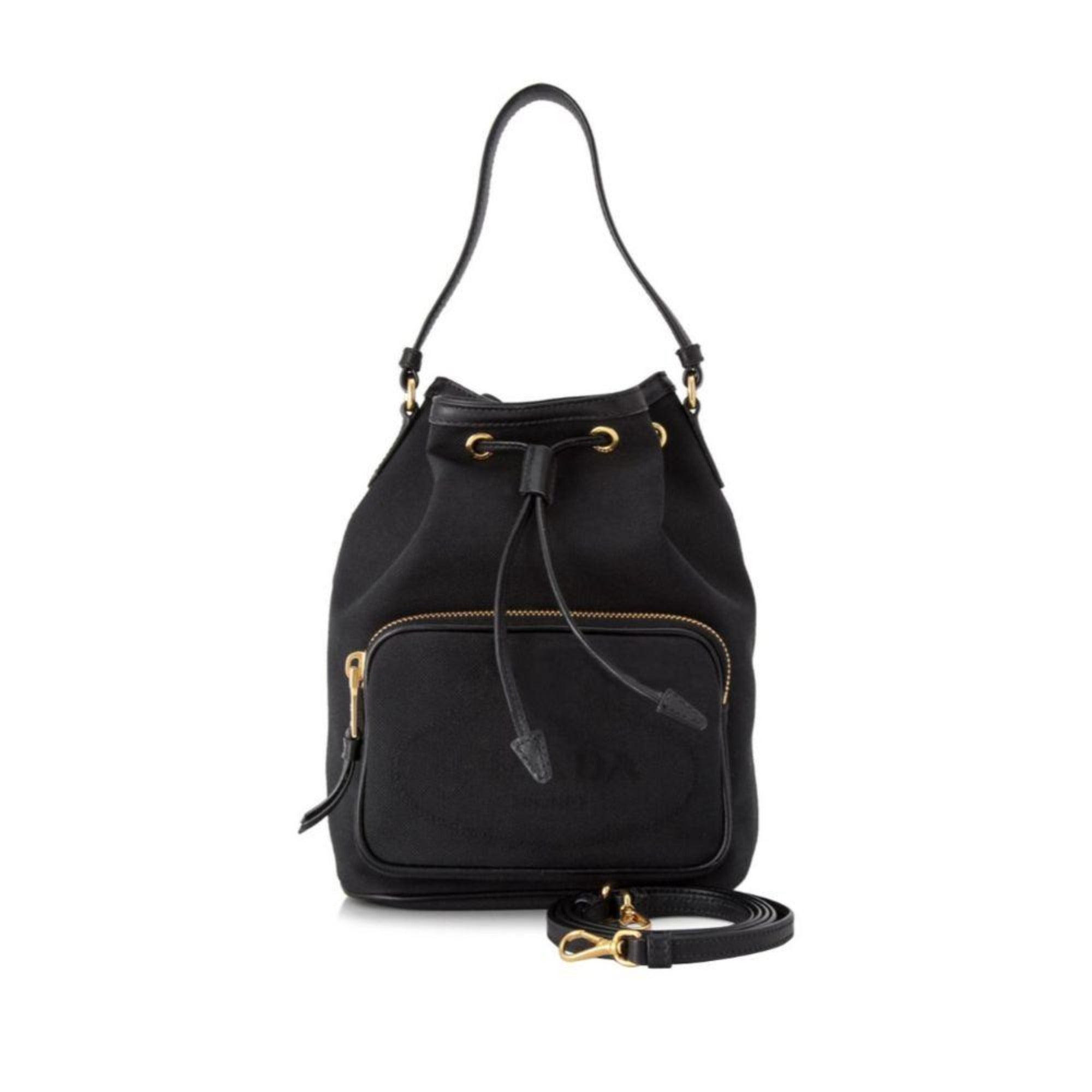 Prada Black Canvas Jacquard Logo Convertible Small Bucket Bag 1BH038