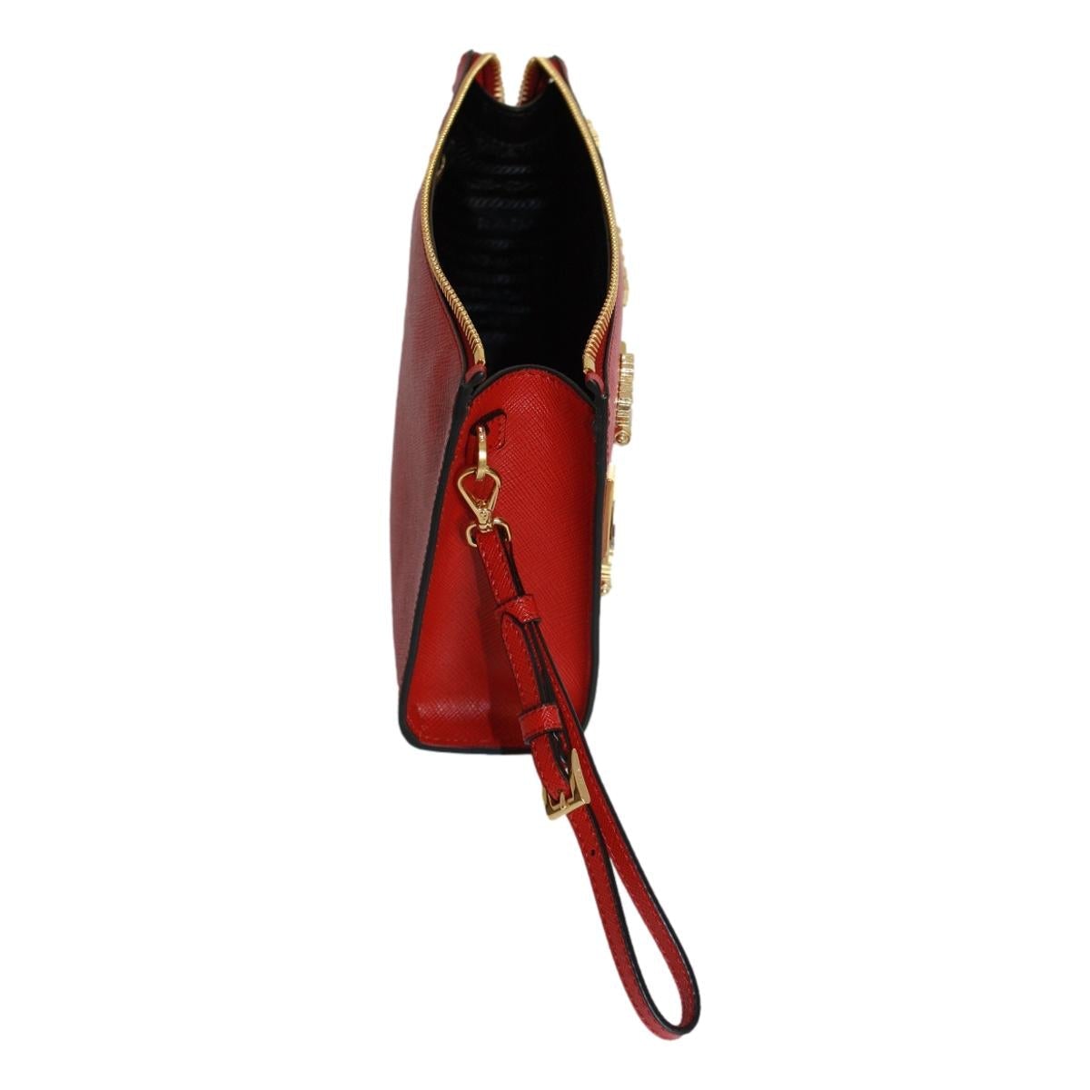 Prada Fuoco Red Saffiano Leather Gold Hearts Pouch Wristlet Clutch Bag