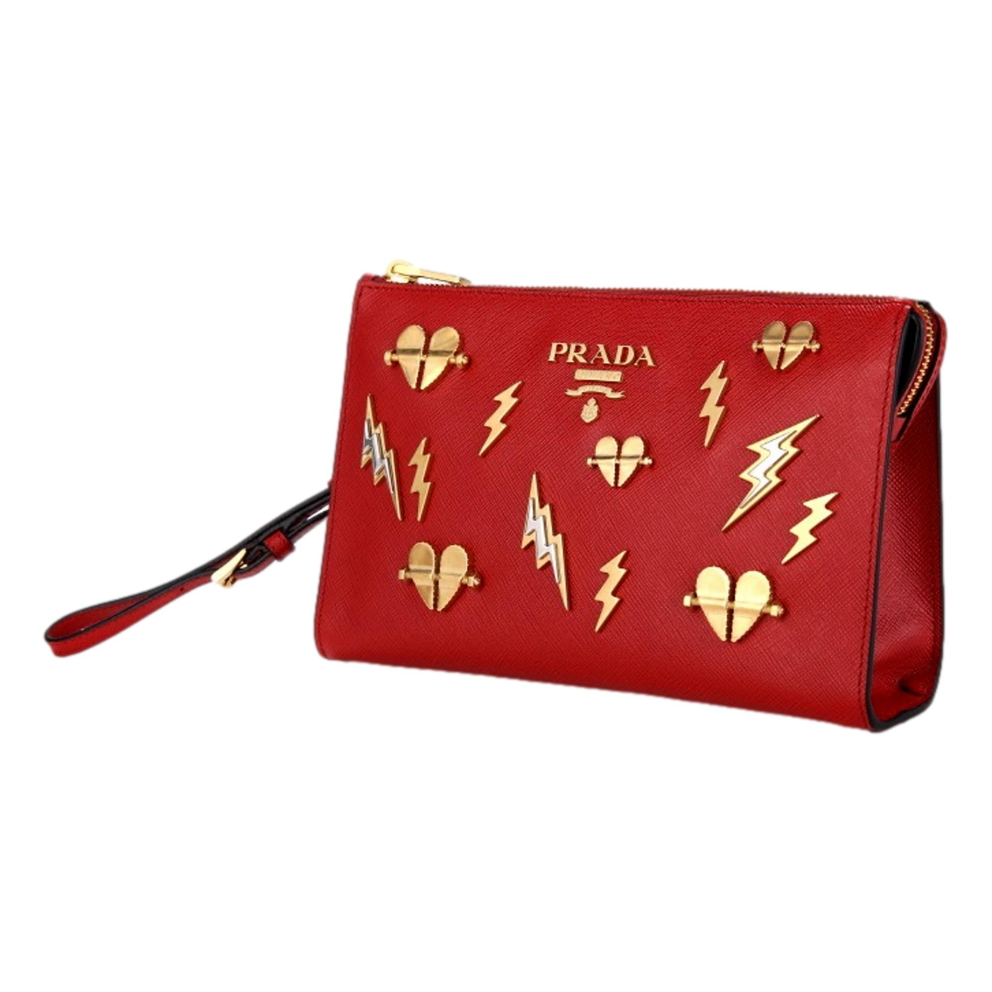 Prada Fuoco Red Saffiano Leather Gold Hearts Pouch Wristlet Clutch Bag