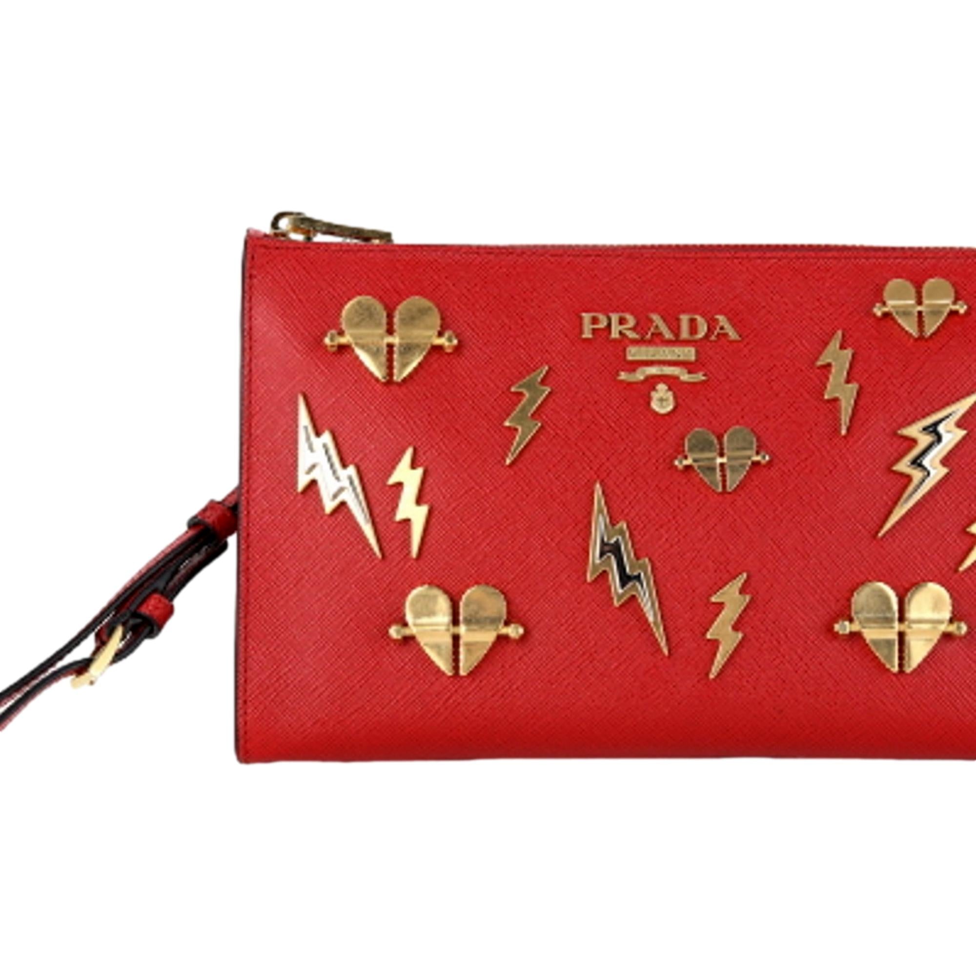 Prada Fuoco Red Saffiano Leather Gold Hearts Pouch Wristlet Clutch Bag