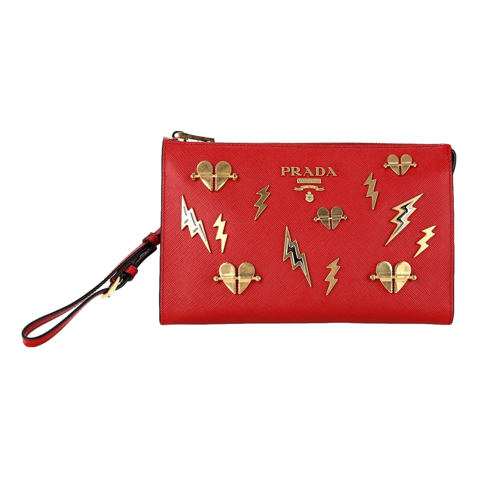 Prada Fuoco Red Saffiano Leather Gold Hearts Pouch Wristlet Clutch Bag