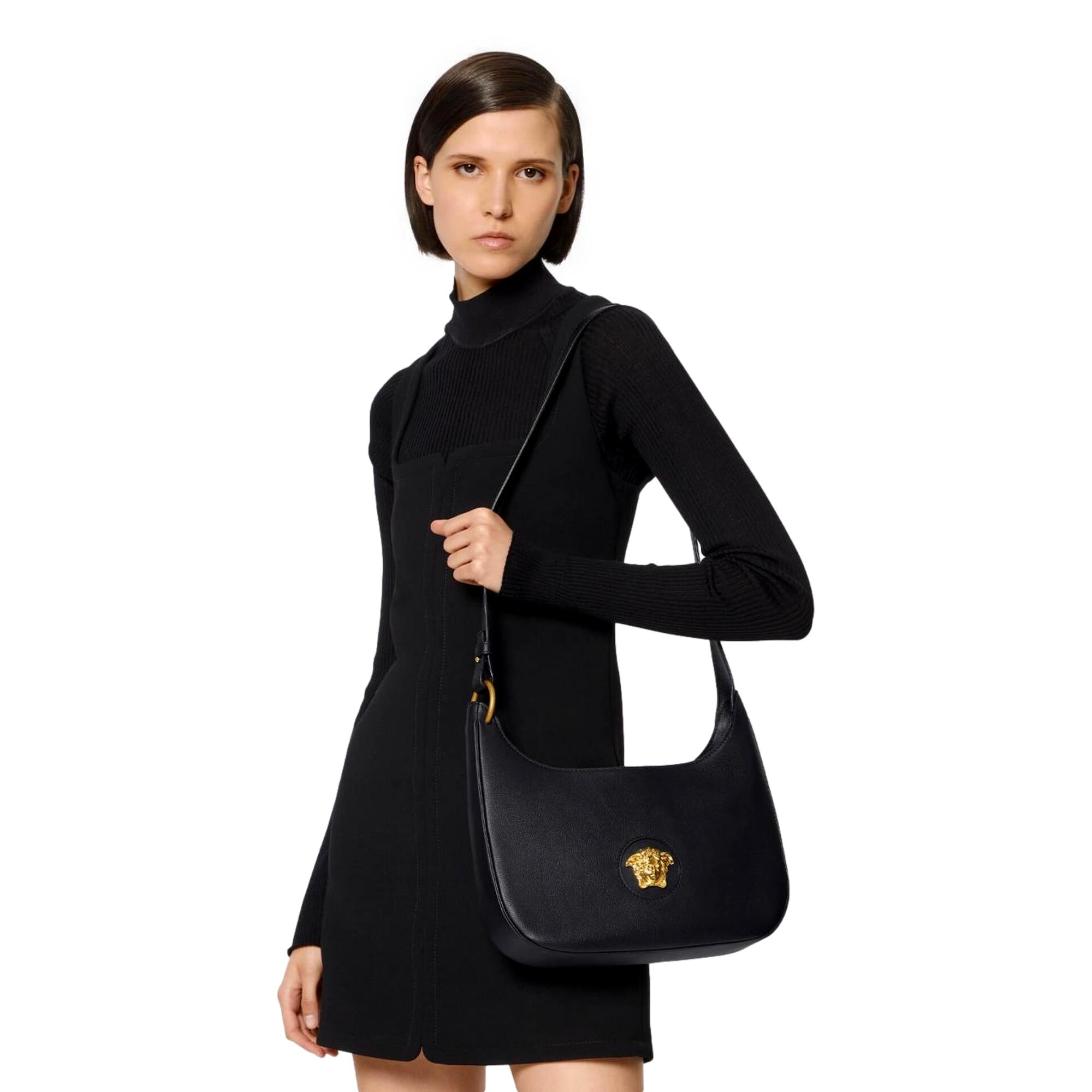 Versace La Medusa Convertible Black Leather Hobo Bag 1000699