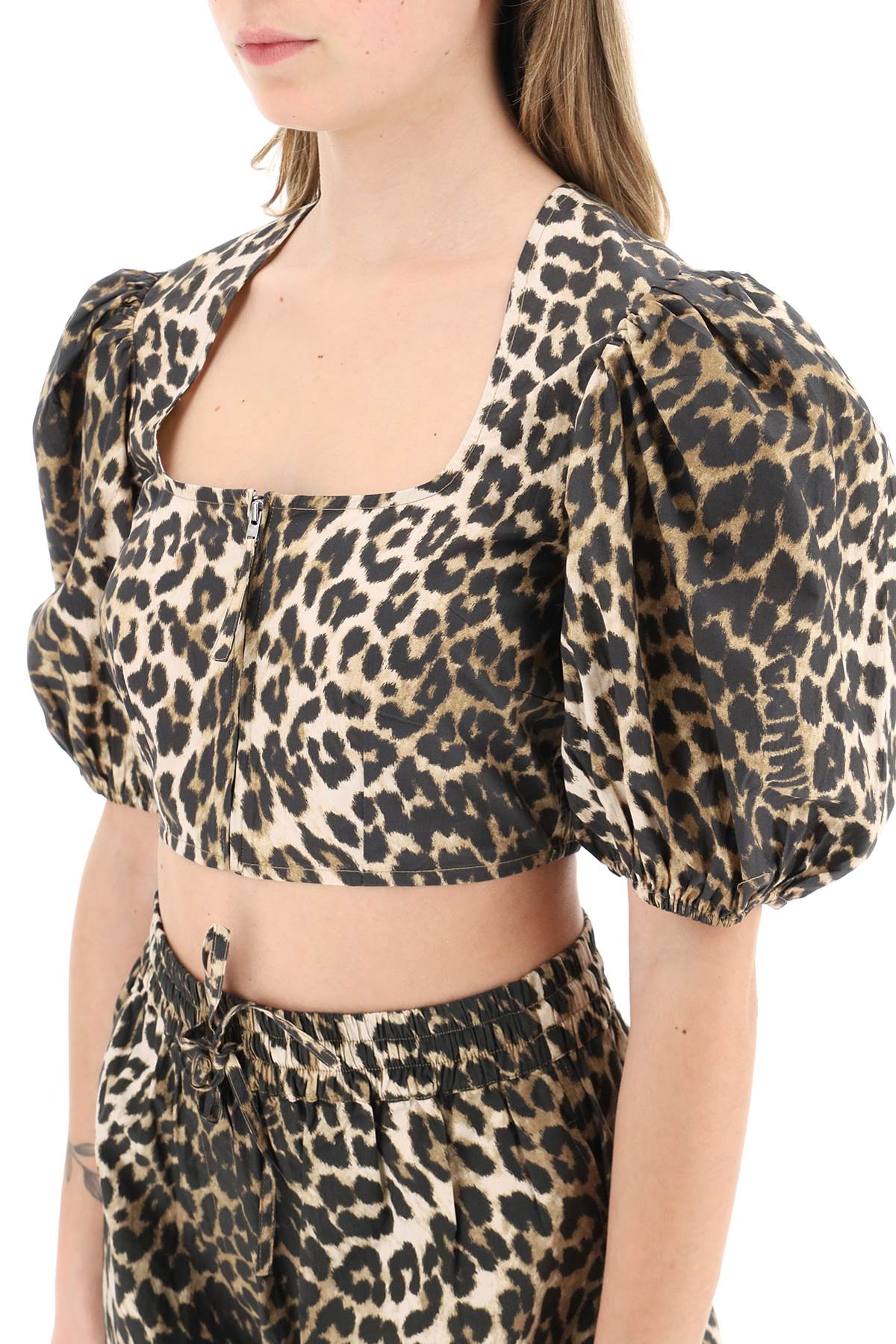 Ganni leopard poplin cropped top