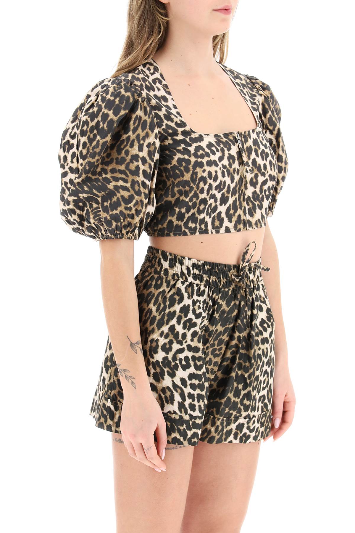 Ganni leopard poplin cropped top