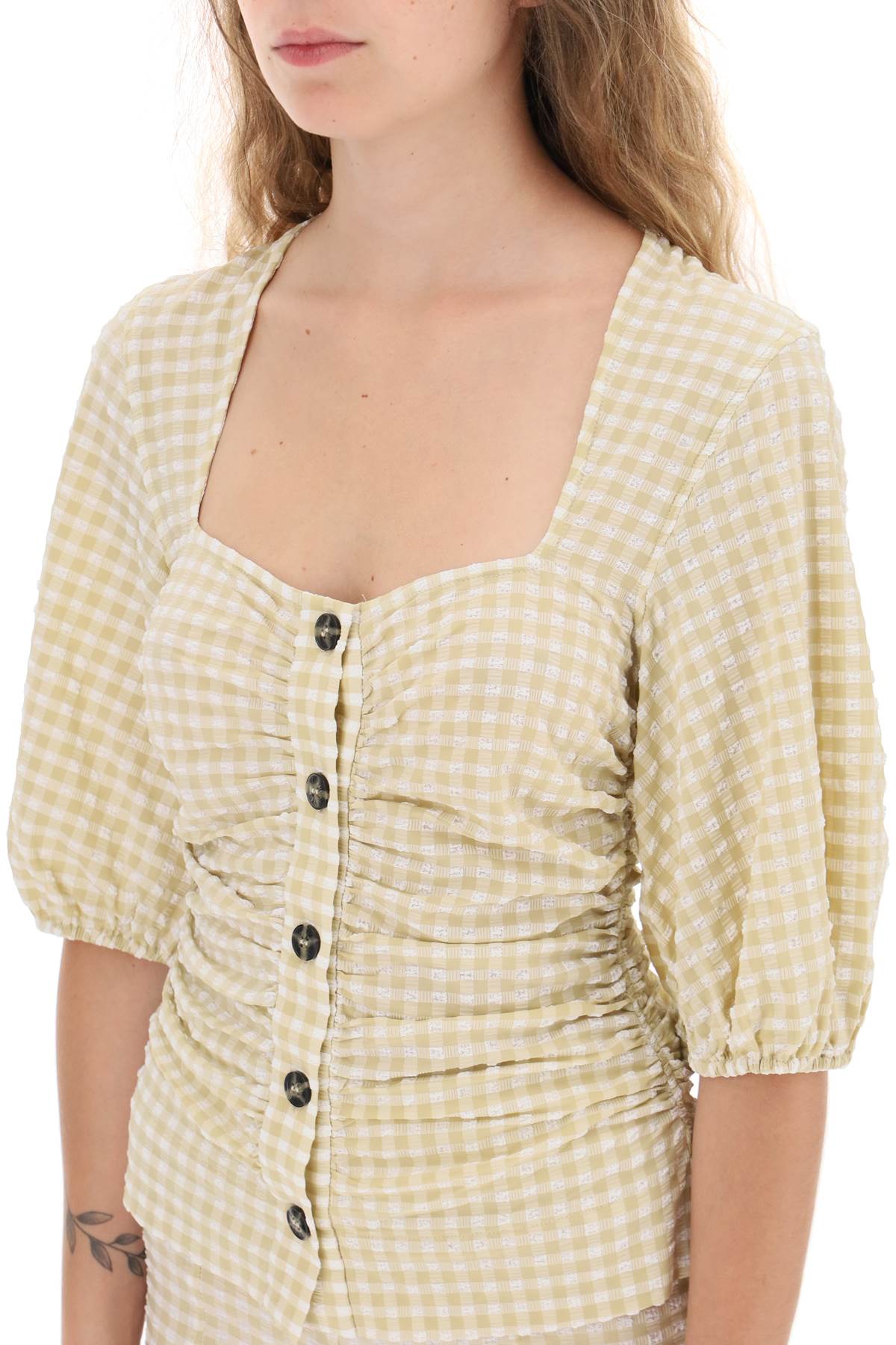 Ganni gathered blouse with gingham motif