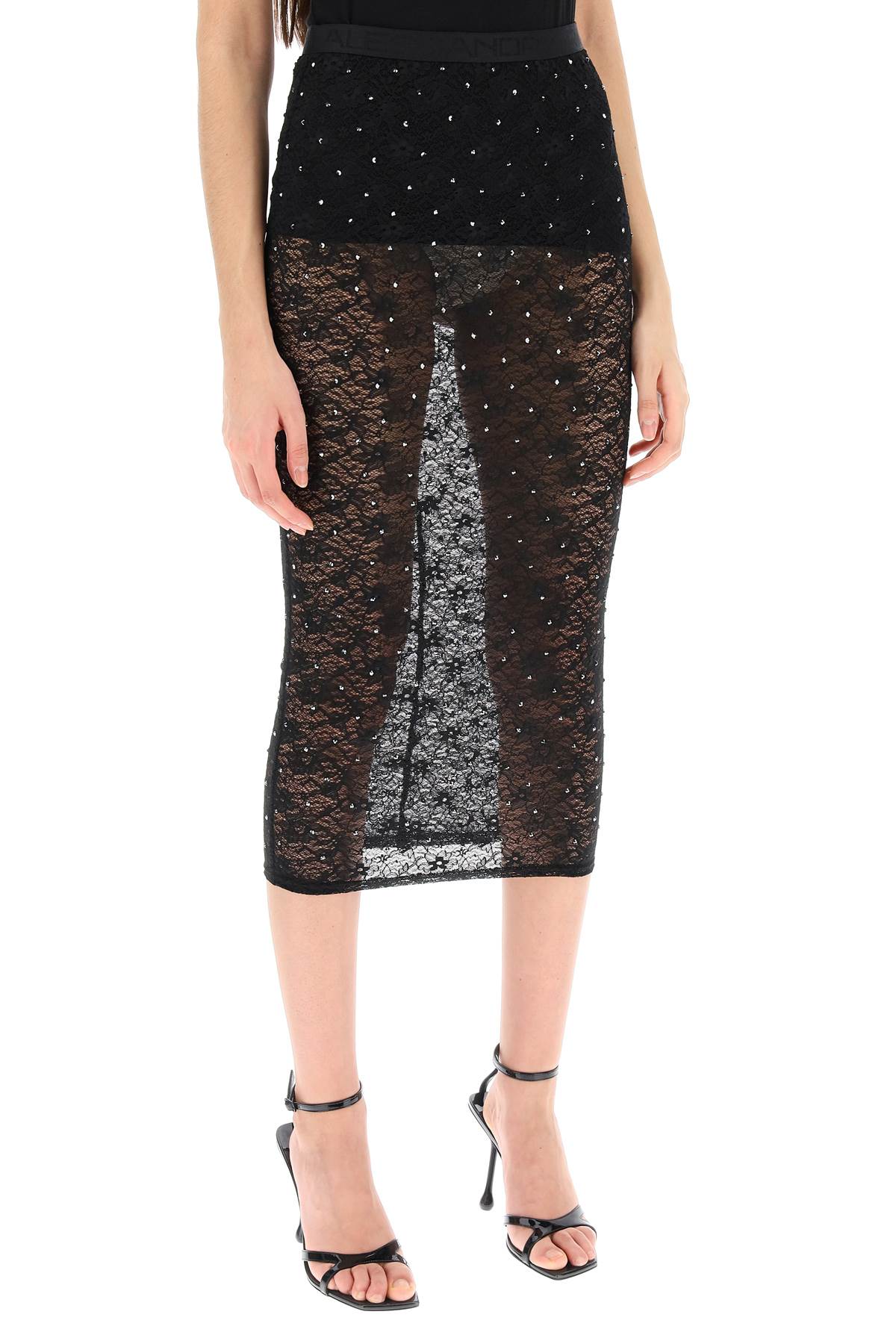 Alessandra rich midi skirt in lace with rhinestones