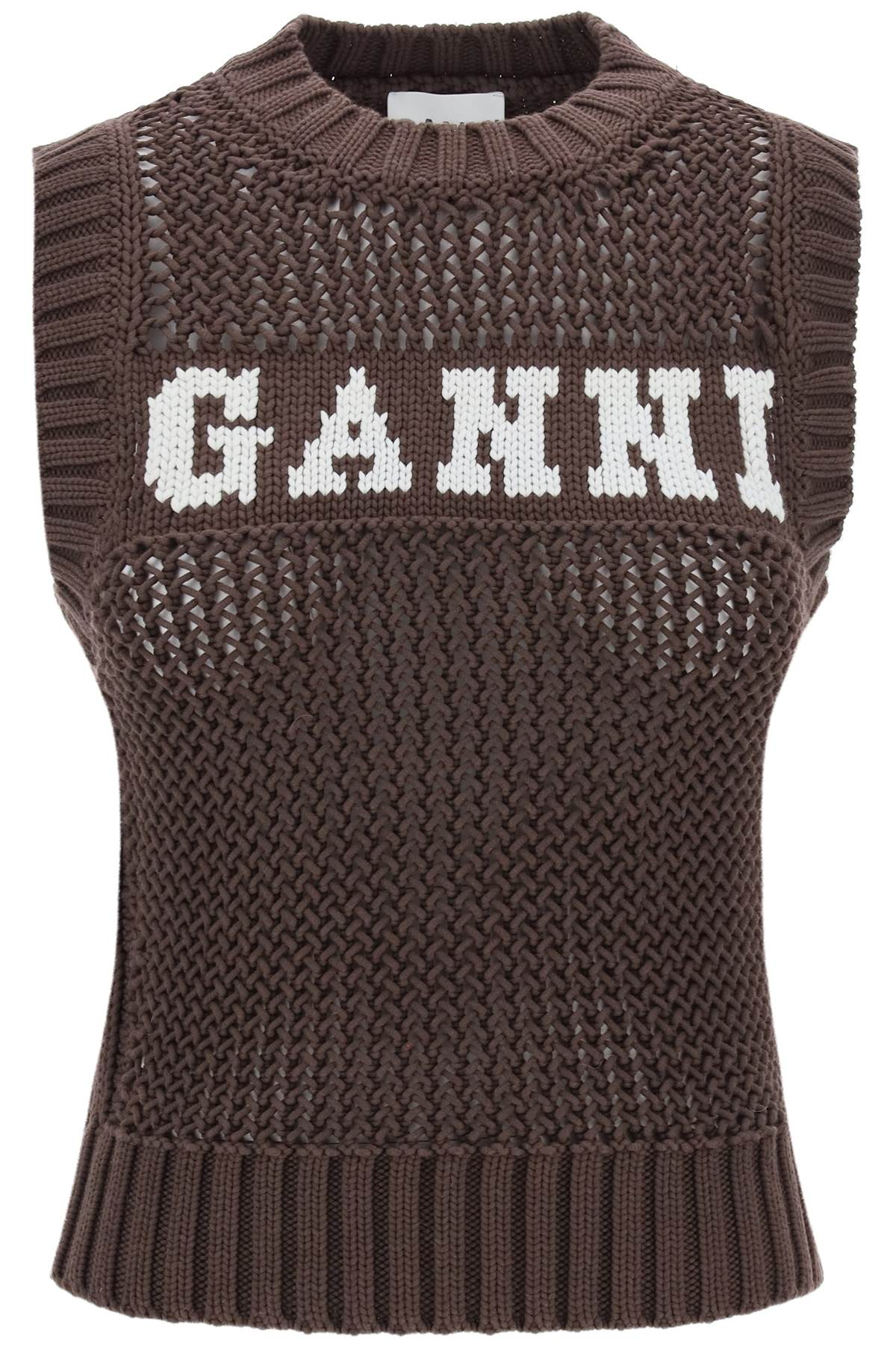 Ganni open-stitch knitted vest with logo