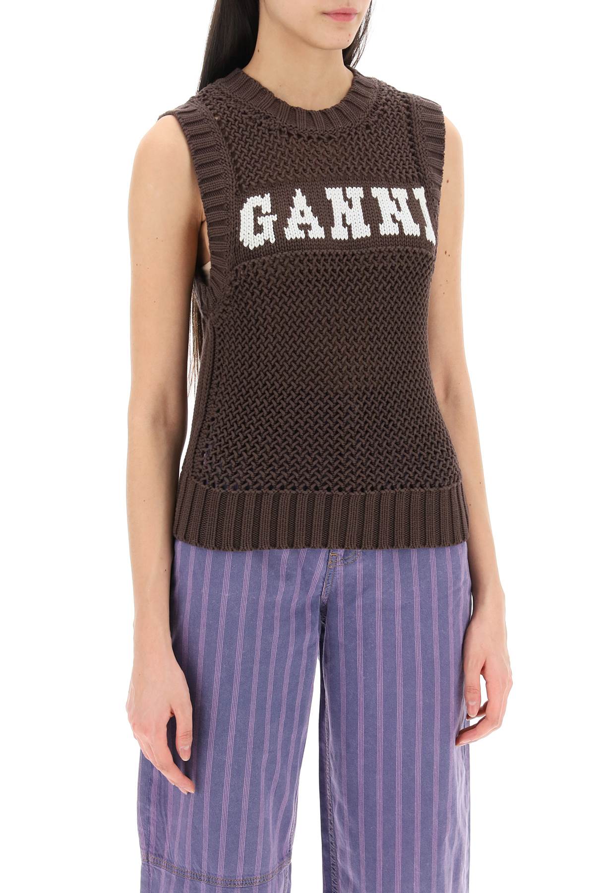 Ganni open-stitch knitted vest with logo