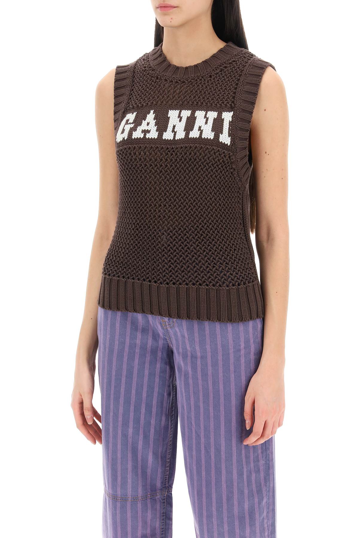 Ganni open-stitch knitted vest with logo
